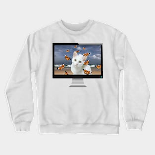 White Cat Beach butterflies Computer Screen Crewneck Sweatshirt